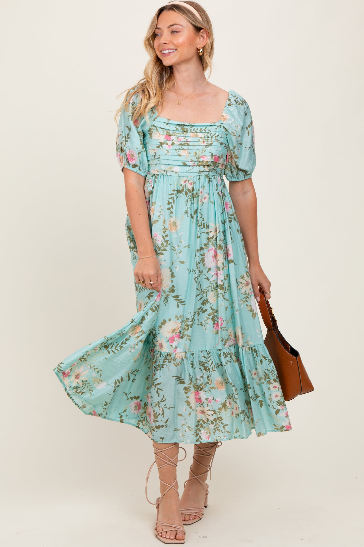 Mint Floral Pleated Bust Puff Sleeve Maternity Midi Dress