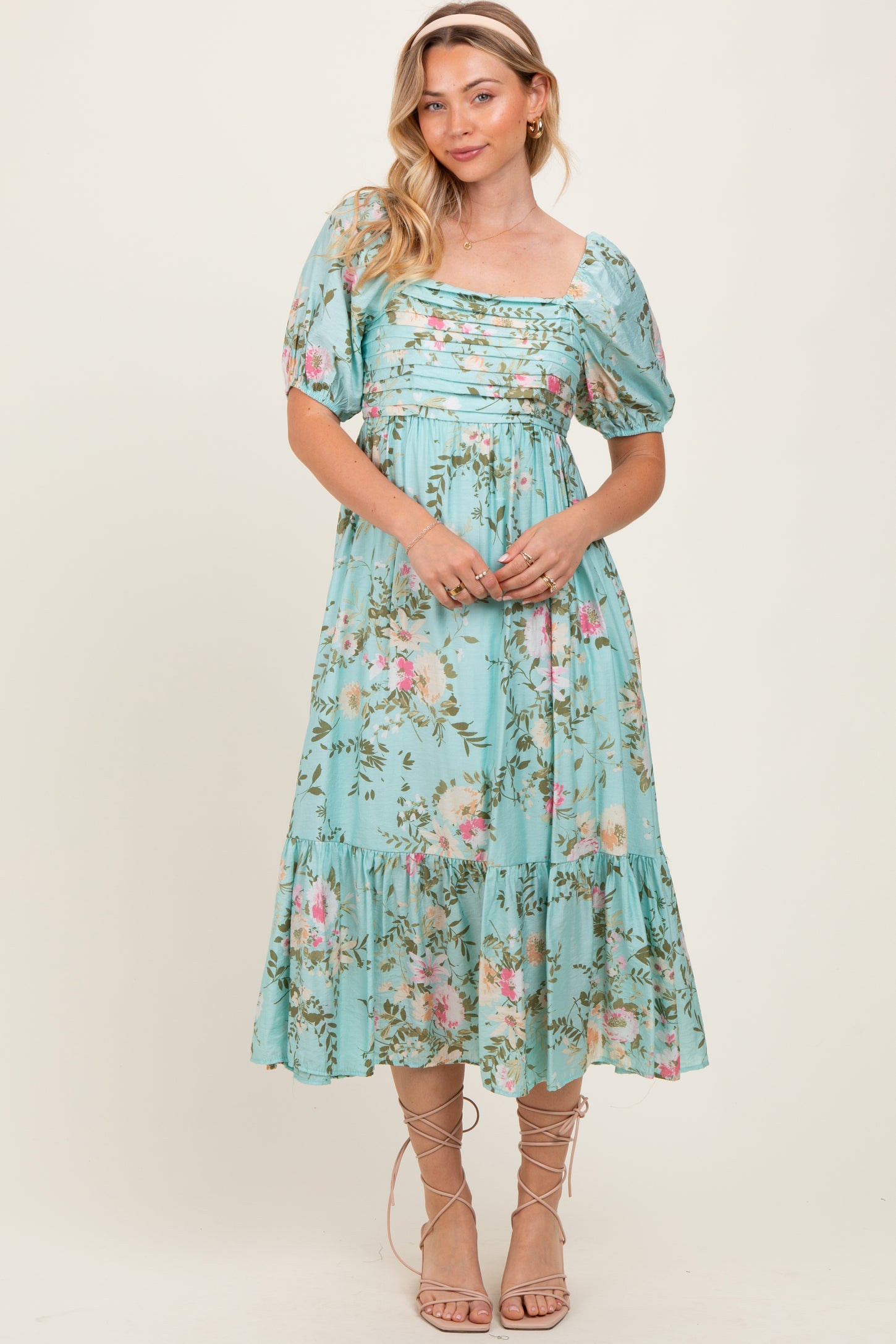 Mint Floral Pleated Bust Puff Sleeve Midi Dress