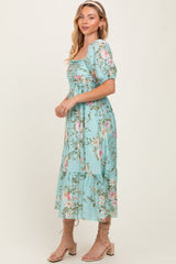 Mint Floral Pleated Bust Puff Sleeve Midi Dress