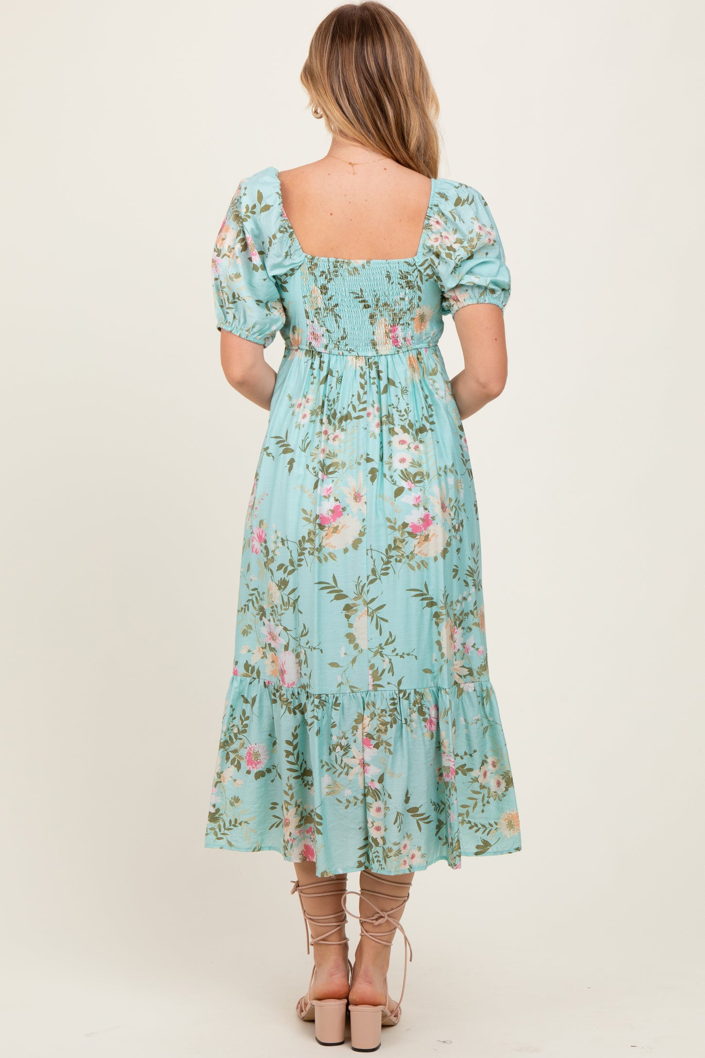 Mint Floral Pleated Bust Puff Sleeve Midi Dress