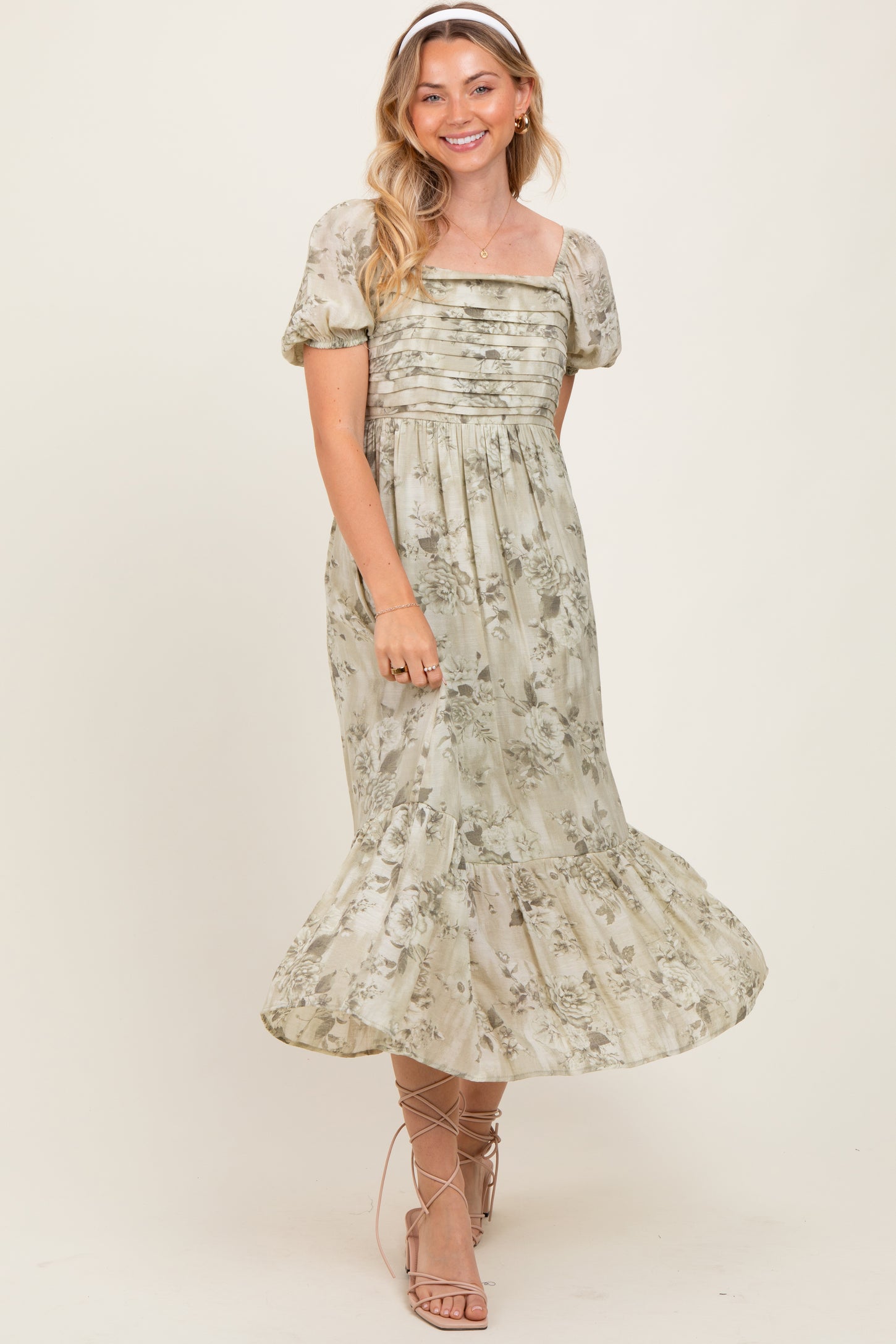 Olive Floral Pleated Bust Puff Sleeve Midi Dress