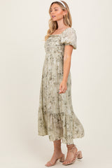 Olive Floral Pleated Bust Puff Sleeve Midi Dress