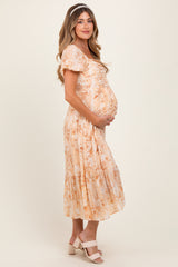 Peach Floral Pleated Bust Puff Sleeve Maternity Midi Dress
