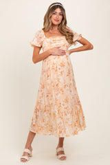 Peach Floral Pleated Bust Puff Sleeve Maternity Midi Dress