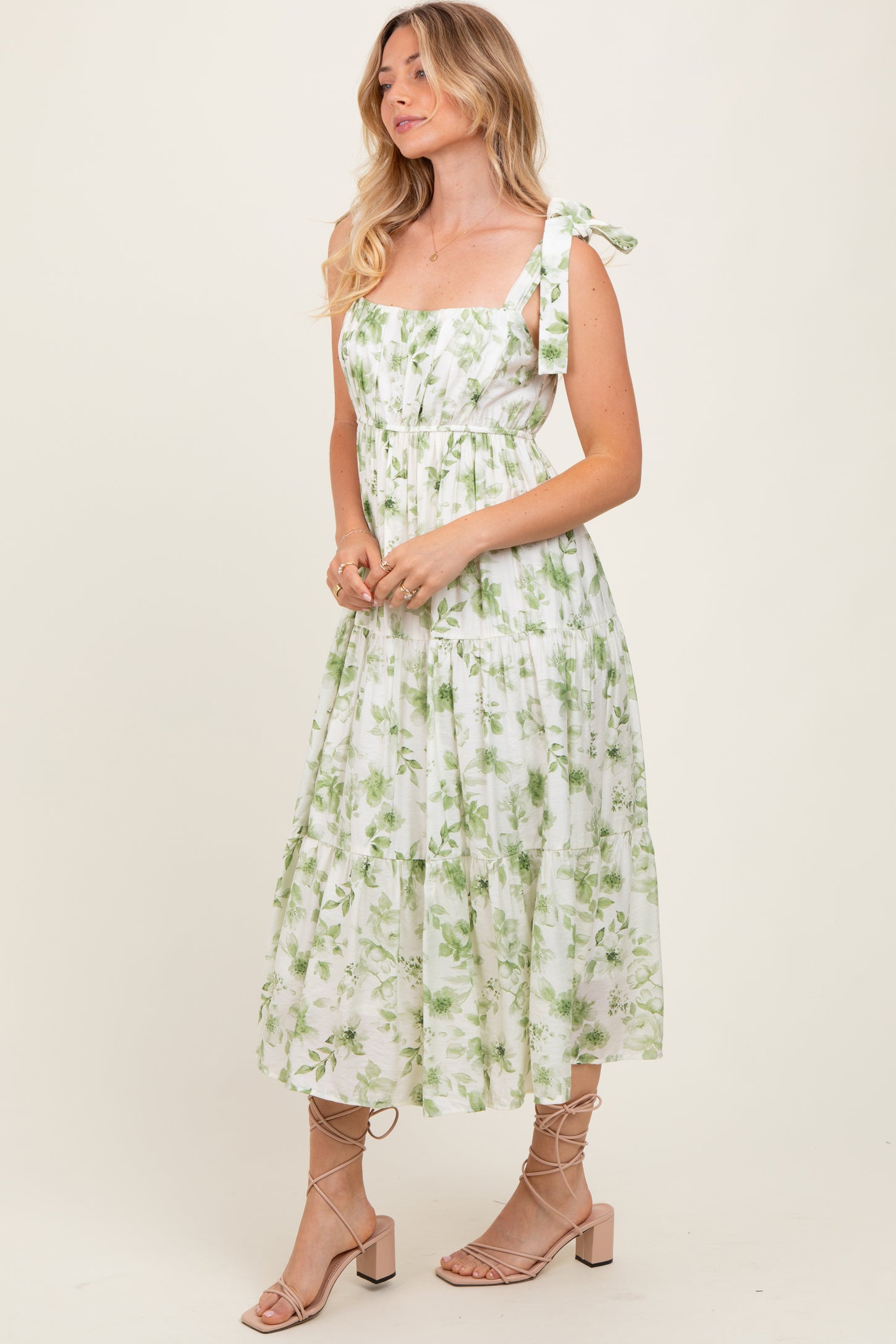 Olive Floral Shoulder Tie Tiered Midi Dress
