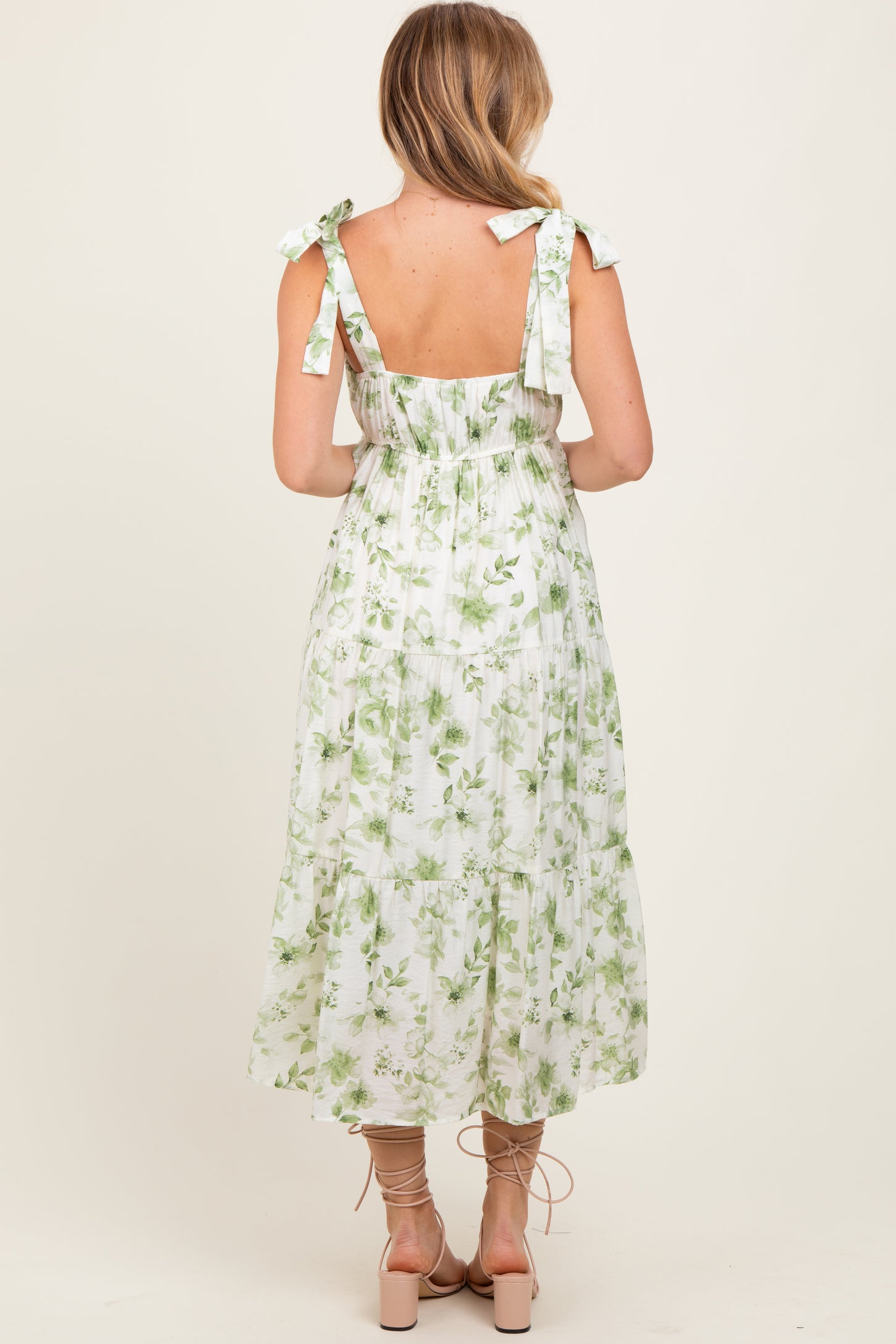 Olive Floral Shoulder Tie Tiered Midi Dress