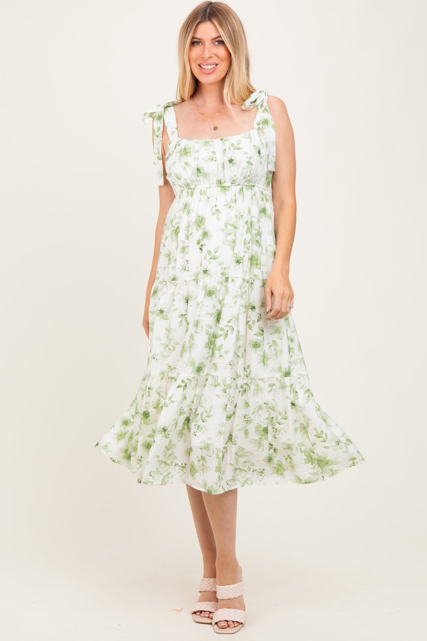 Olive Floral Shoulder Tie Tiered Maternity Midi Dress