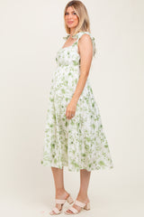 Olive Floral Shoulder Tie Tiered Maternity Midi Dress