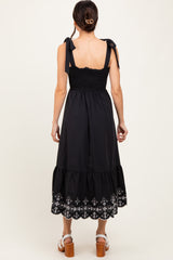 Black Smocked Embroidered Shoulder Tie Midi Dress