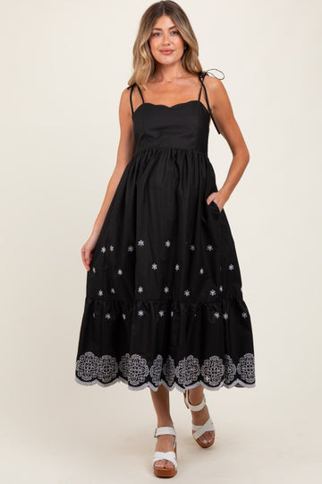 Black Embroidered Shoulder Tie Maternity Midi Dress