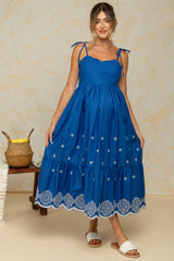 Blue Embroidered Shoulder Tie Maternity Midi Dress