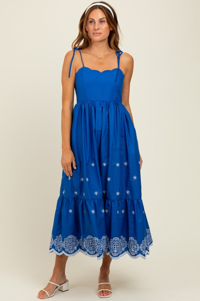 Blue Embroidered Shoulder Tie Midi Dress