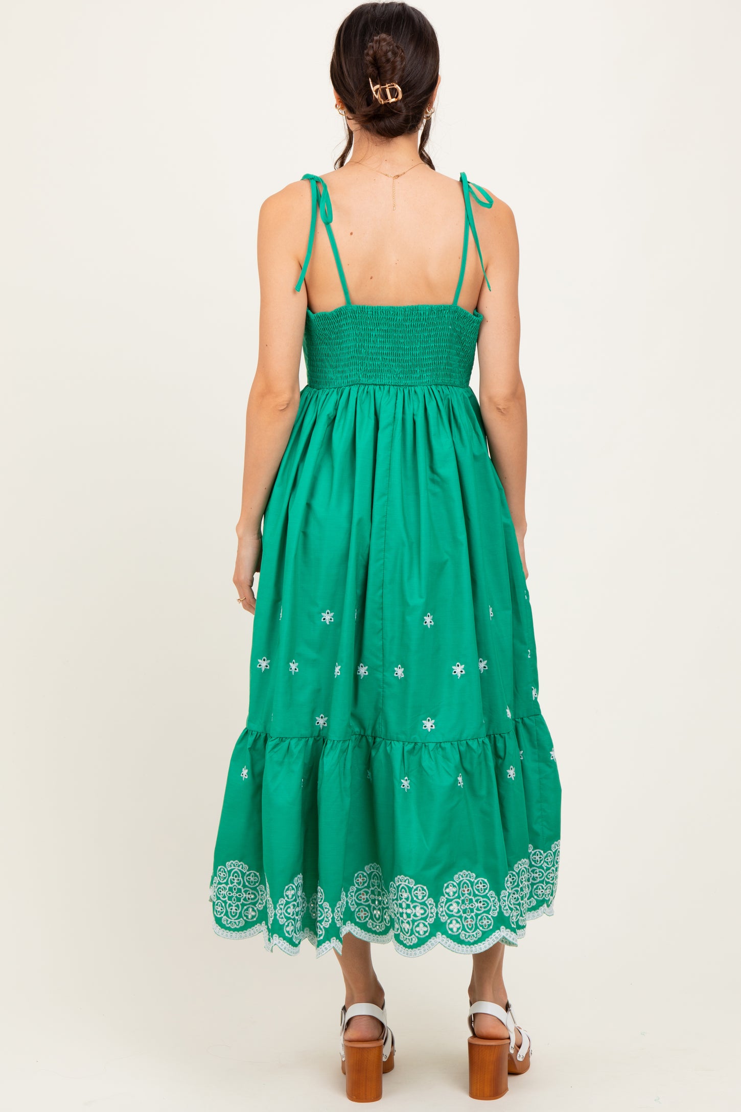 Green Embroidered Shoulder Tie Midi Dress