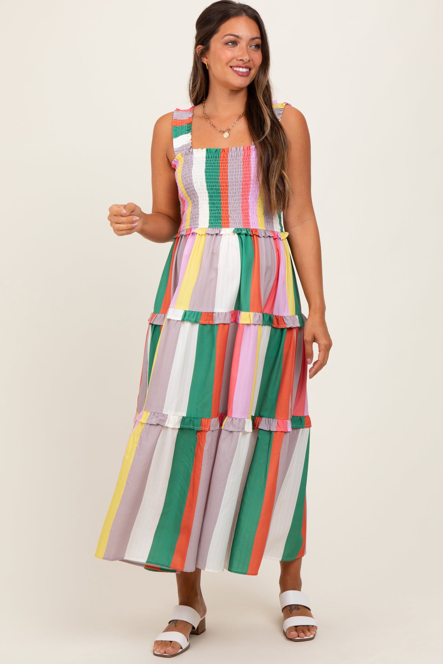 Green Wide Stripe Smocked Tiered Maternity Midi Dress