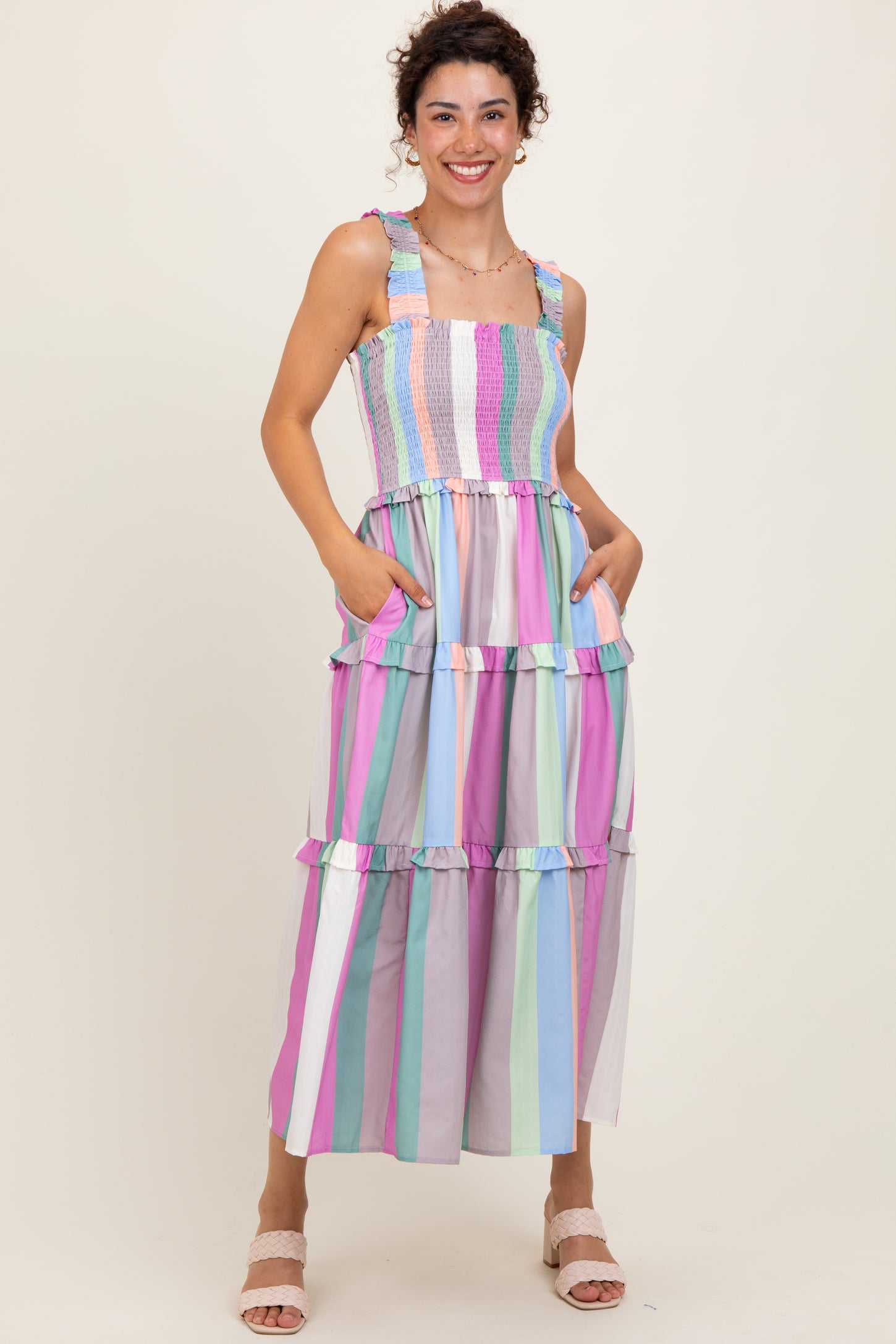 Lavender Wide Stripe Smocked Tiered Midi Dress
