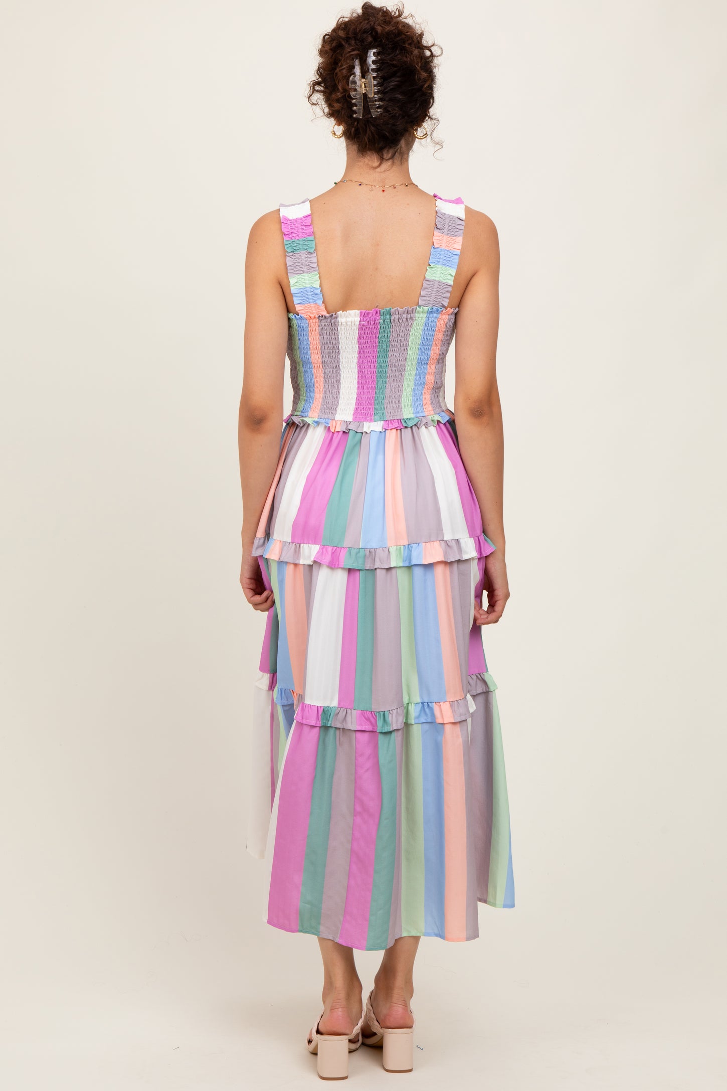 Lavender Wide Stripe Smocked Tiered Midi Dress