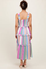 Lavender Wide Stripe Smocked Tiered Midi Dress
