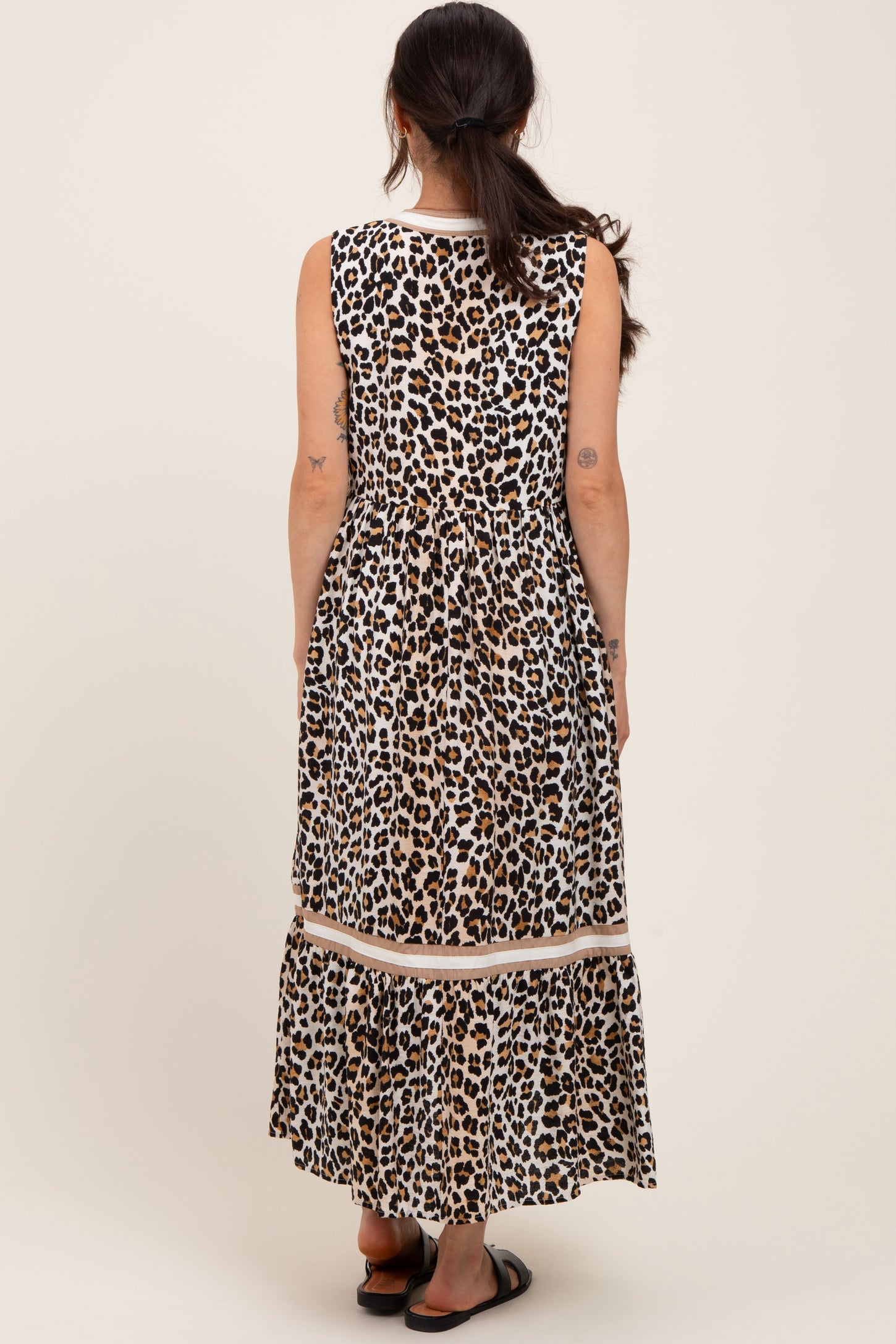 Camel Animal Print Contrast Sleeveless Maternity Midi Dress