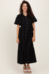 Black Puff Sleeve Side Tie Midi Shirt Dress