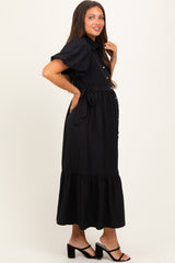Black Puff Sleeve Side Tie Maternity Midi Shirt Dress