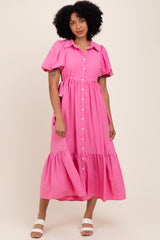 Pink Puff Sleeve Side Tie Maternity Midi Shirt Dress