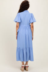 Light Blue Puff Sleeve Side Tie Midi Shirt Dress