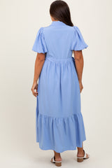 Light Blue Puff Sleeve Side Tie Maternity Midi Shirt Dress