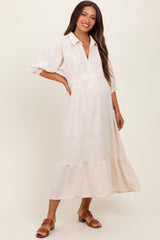 Cream Floral Applique Collared Maternity Midi Dress