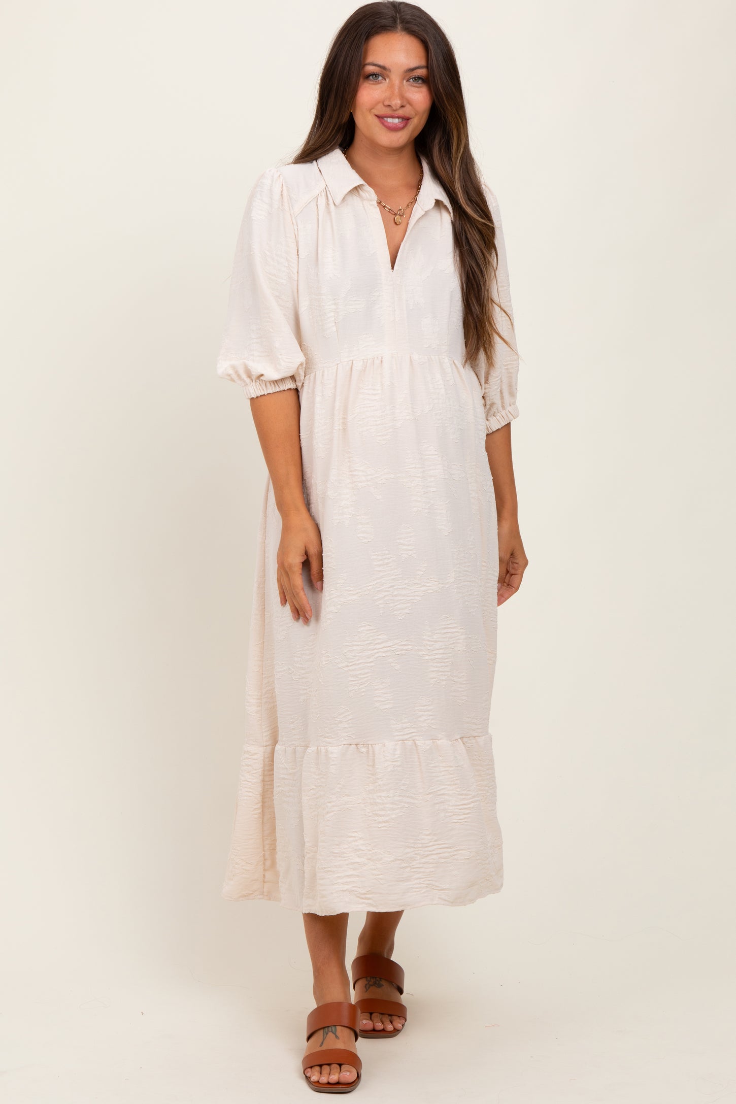 Cream Floral Applique Collared Maternity Midi Dress