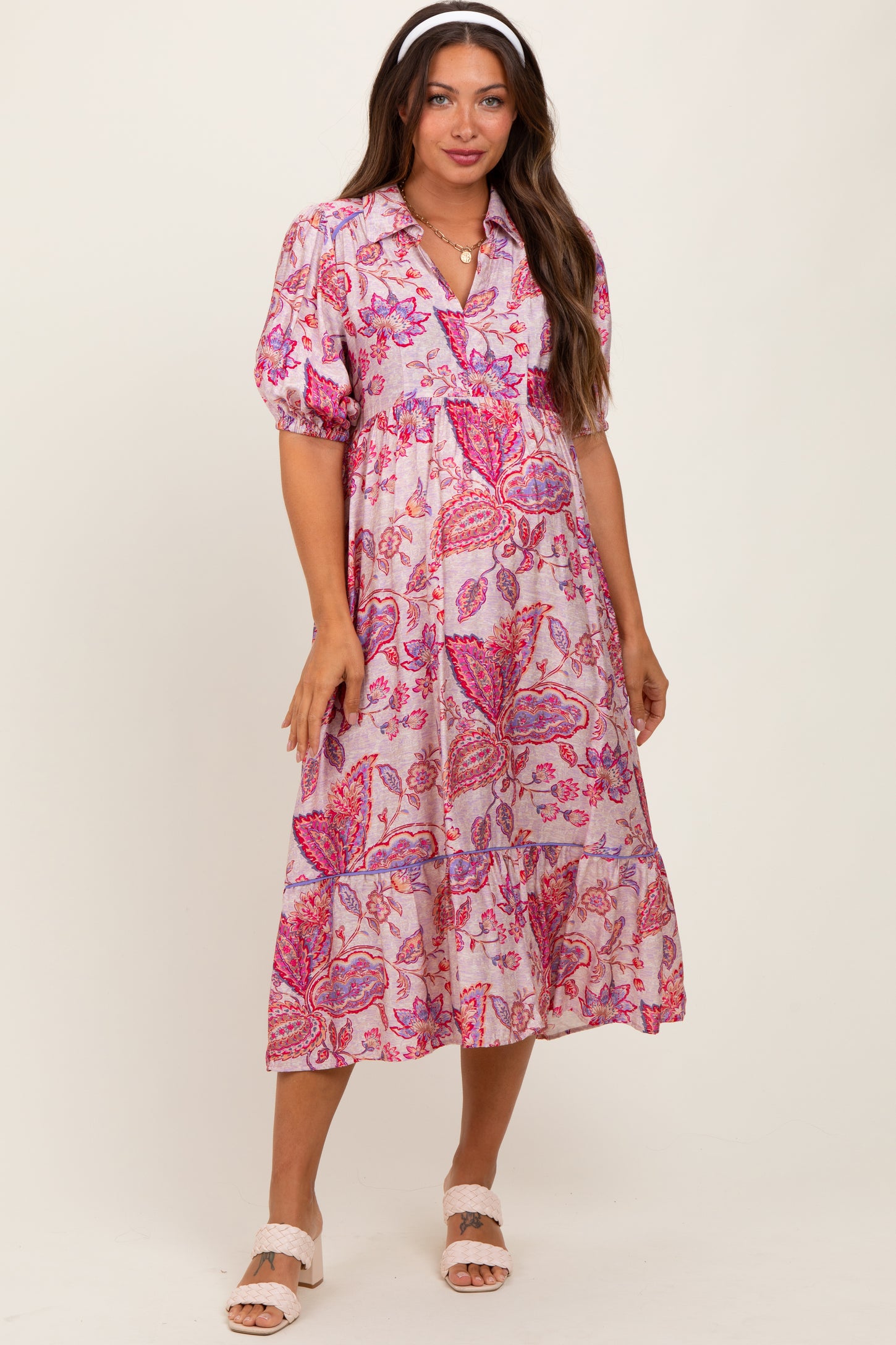 Pink Paisley Collared Ruffle Hem Maternity Midi Dress