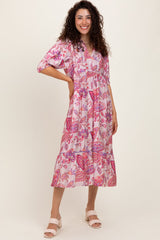 Pink Paisley Collared Ruffle Hem Midi Dress