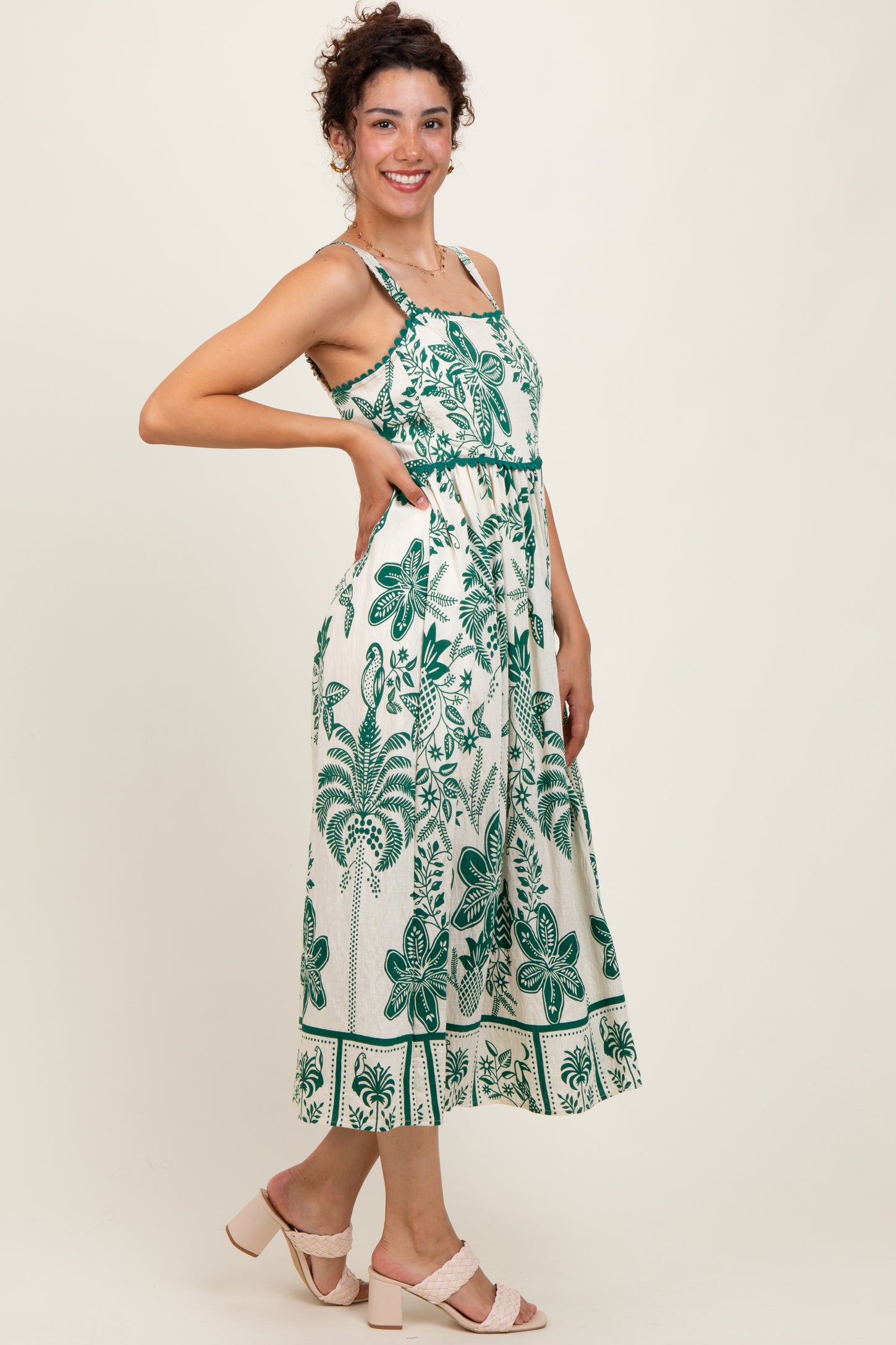 Green Floral Scallop Trim Midi Dress