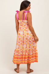 Yellow Floral Shoulder Tie Smocked Maternity Midi Dress