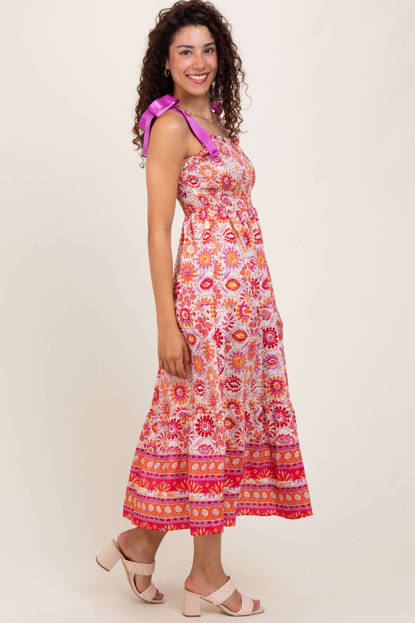 Orange Floral Shoulder Tie Smocked Midi Dress