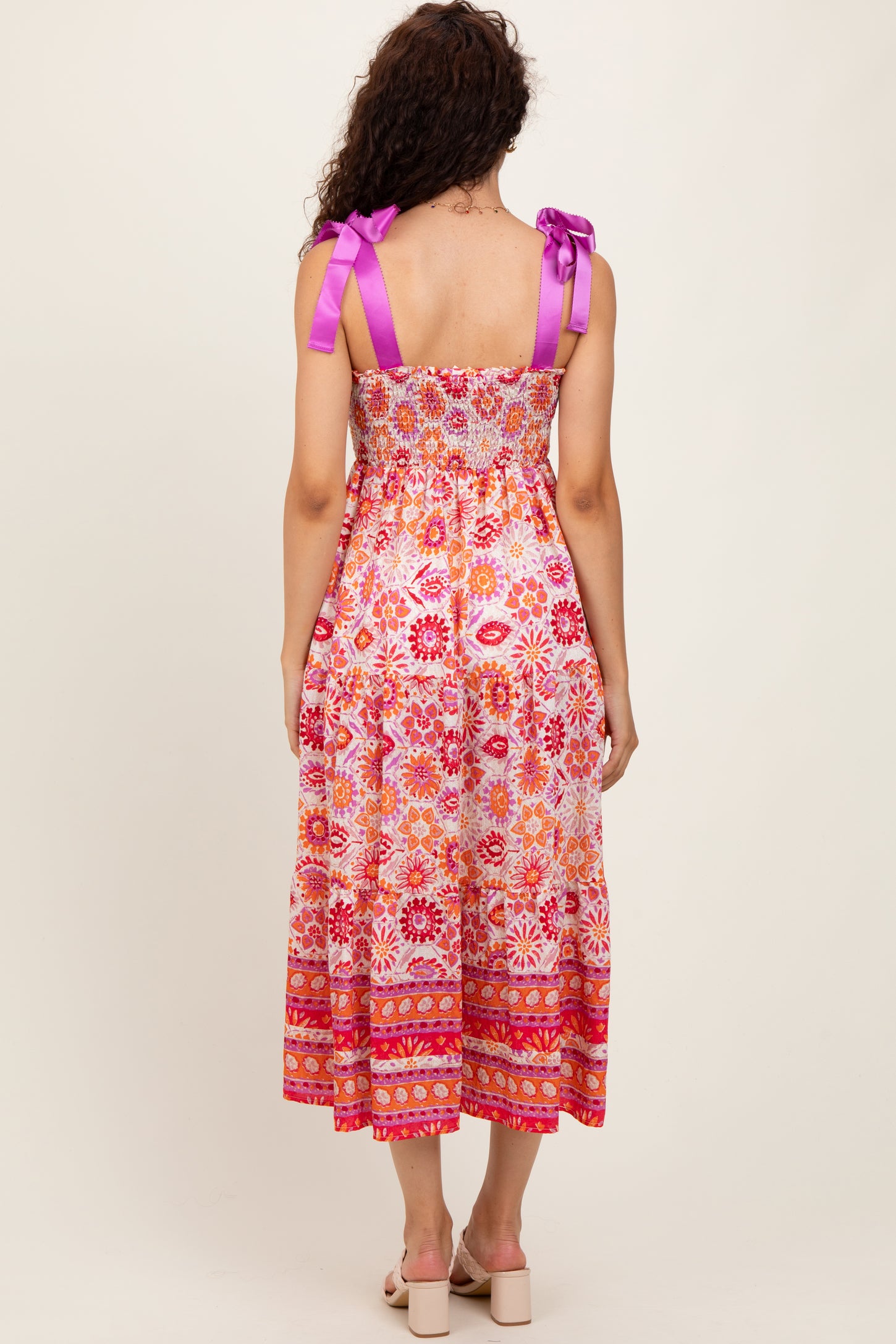 Orange Floral Shoulder Tie Smocked Midi Dress