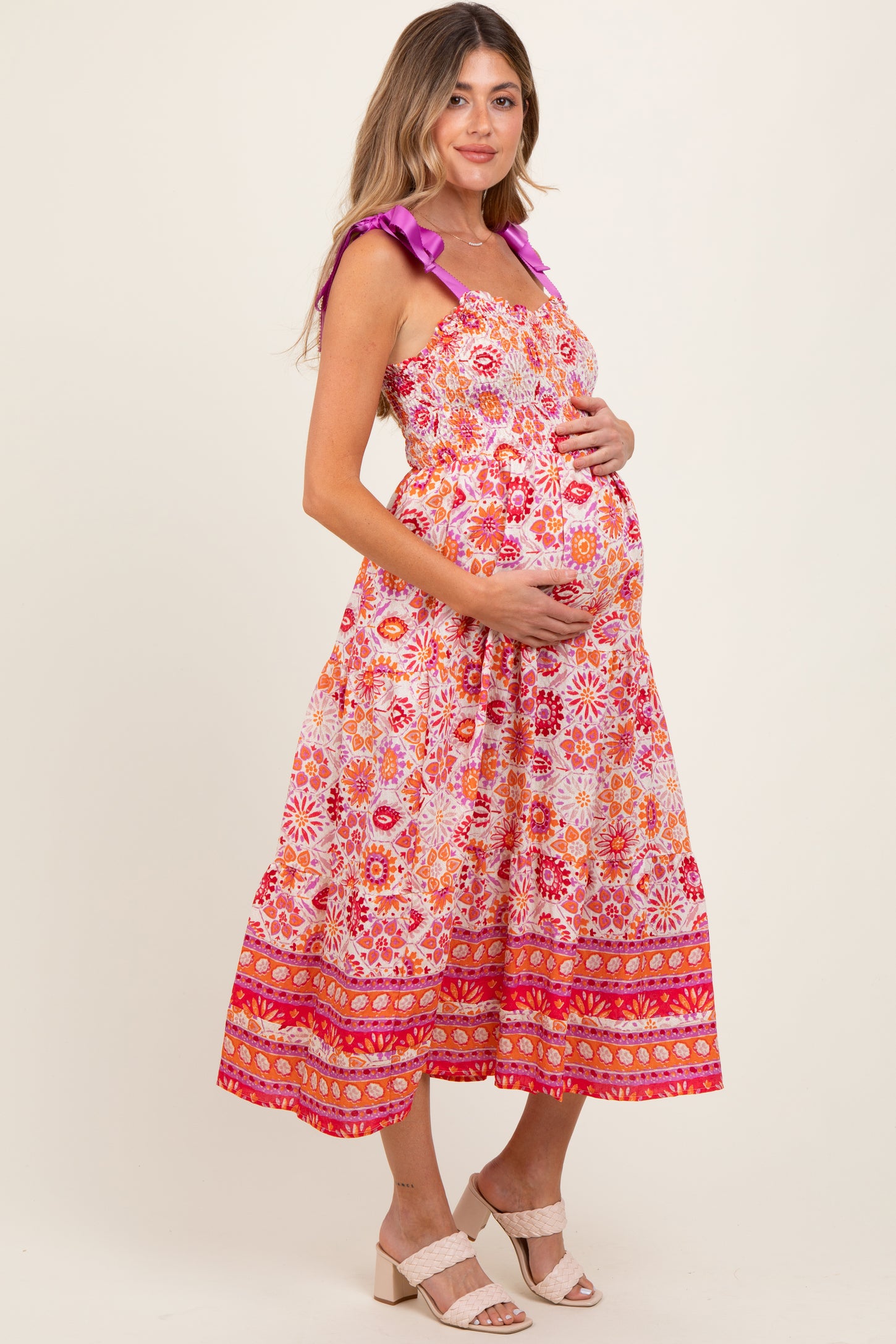 Orange Floral Shoulder Tie Smocked Maternity Midi Dress