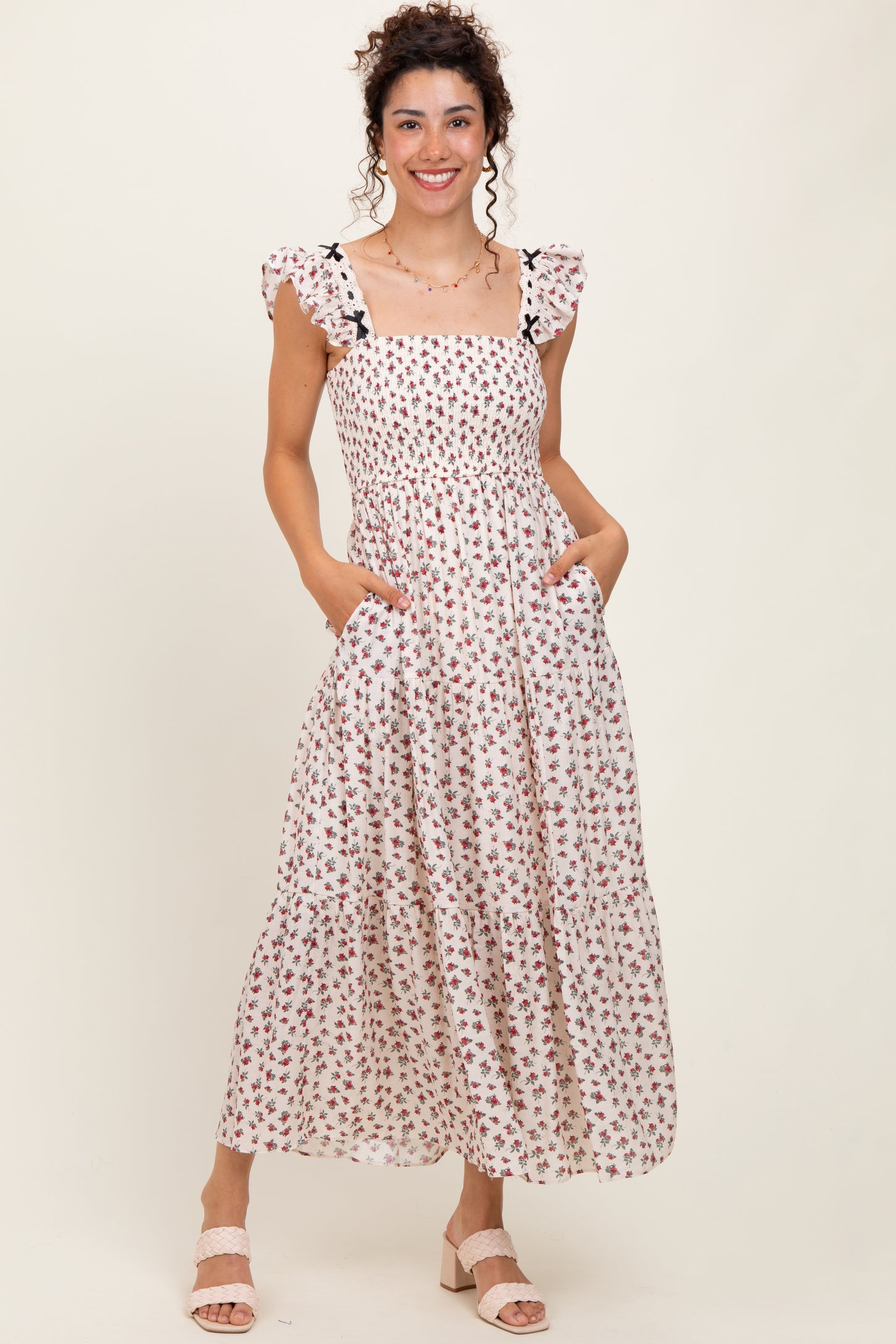 Red Floral Bow Trim Lace Detail Smocked Maxi Dress