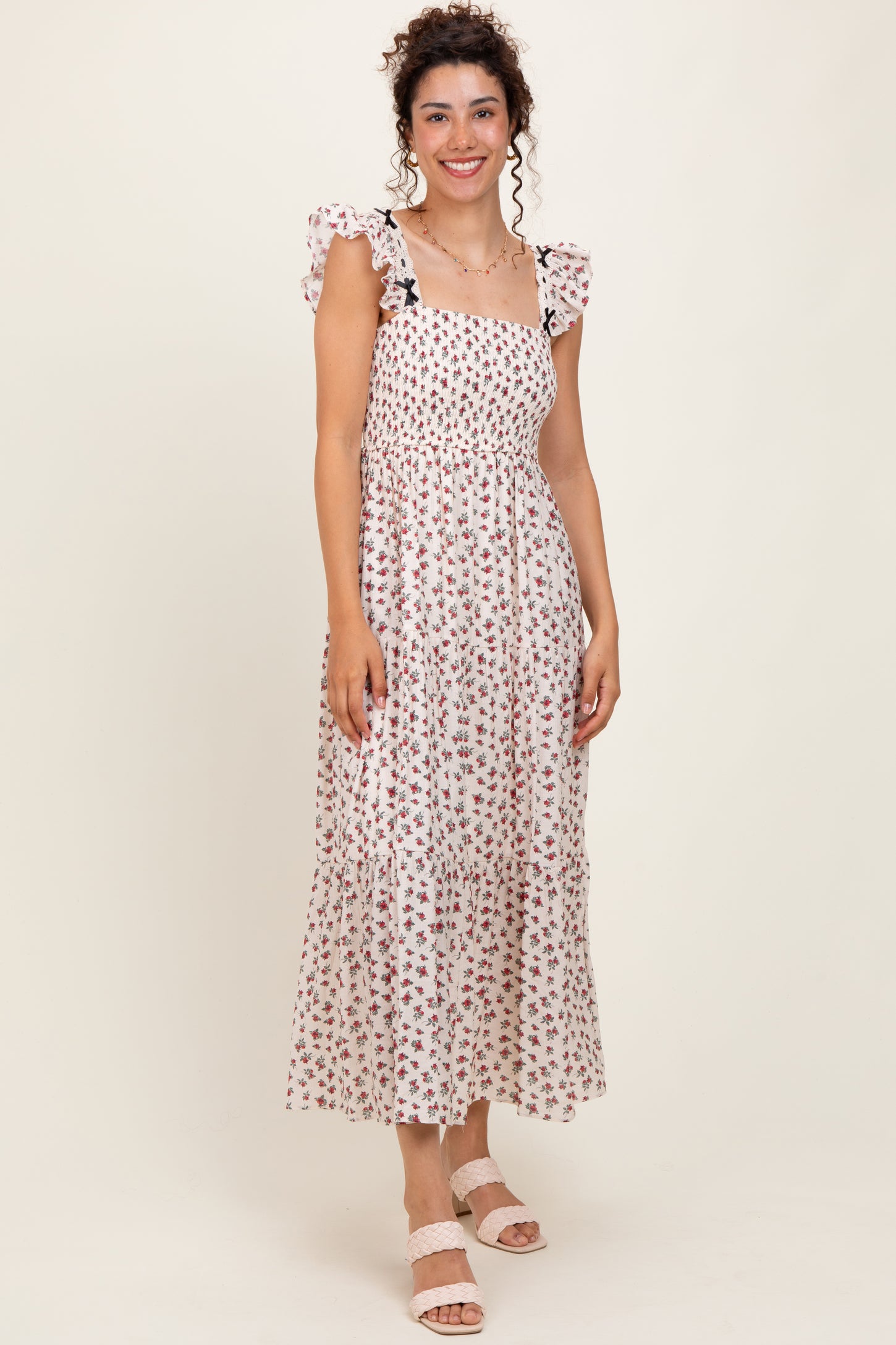 Red Floral Bow Trim Lace Detail Smocked Maxi Dress