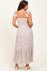 Red Floral Bow Trim Lace Detail Smocked Maternity Maxi Dress
