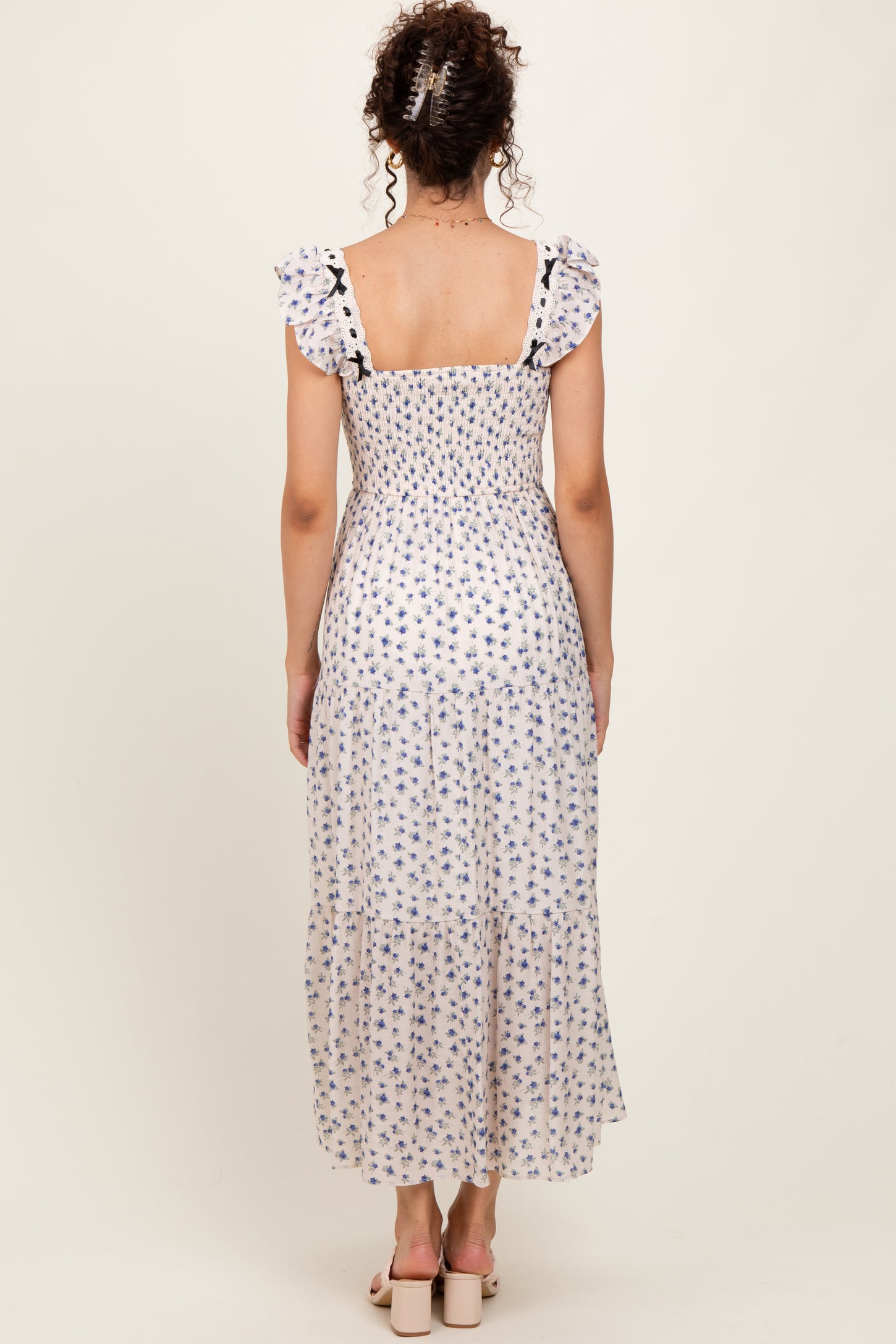 Blue Floral Bow Trim Lace Detail Smocked Maxi Dress