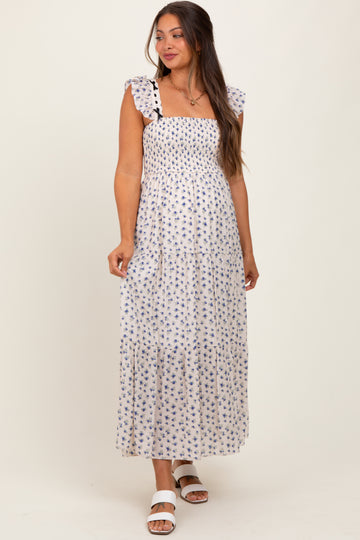 Blue Floral Bow Trim Lace Detail Smocked Maternity Maxi Dress