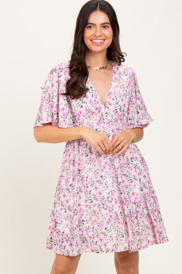 Pink Floral V-Neck Flutter Sleeve Mini Dress
