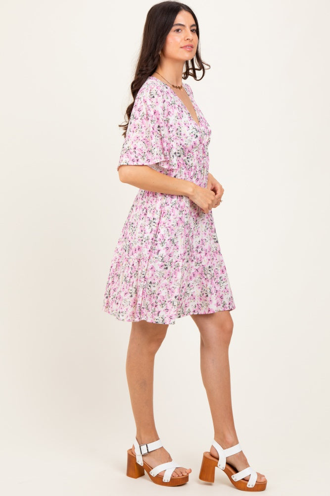 Pink Floral V-Neck Flutter Sleeve Mini Dress