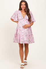 Pink Floral V-Neck Flutter Sleeve Maternity Mini Dress
