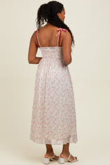 Pink Floral Ruffle Detail Shoulder Tie Midi Dress