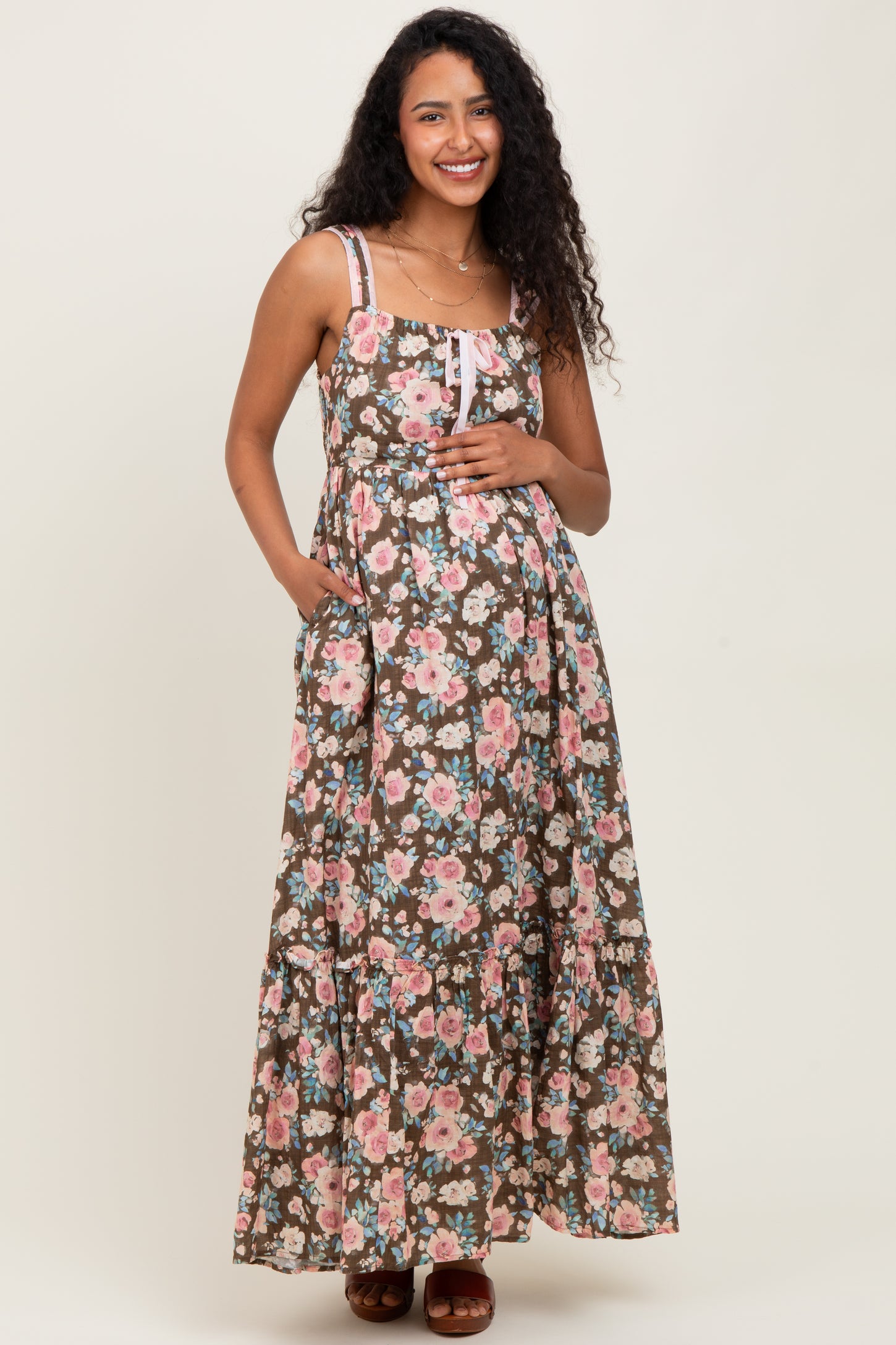 Mocha Floral Ruffle Detail Maternity Maxi Dress