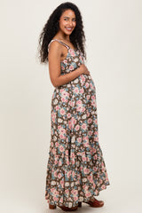 Mocha Floral Ruffle Detail Maternity Maxi Dress