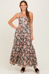 Mocha Floral Ruffle Detail Maternity Maxi Dress