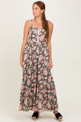 Mocha Floral Ruffle Detail Maxi Dress