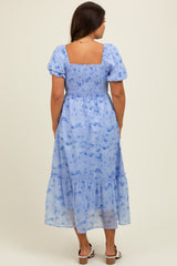 Blue Abstract Puff Sleeve Ruffle Detail Maternity Midi Dress